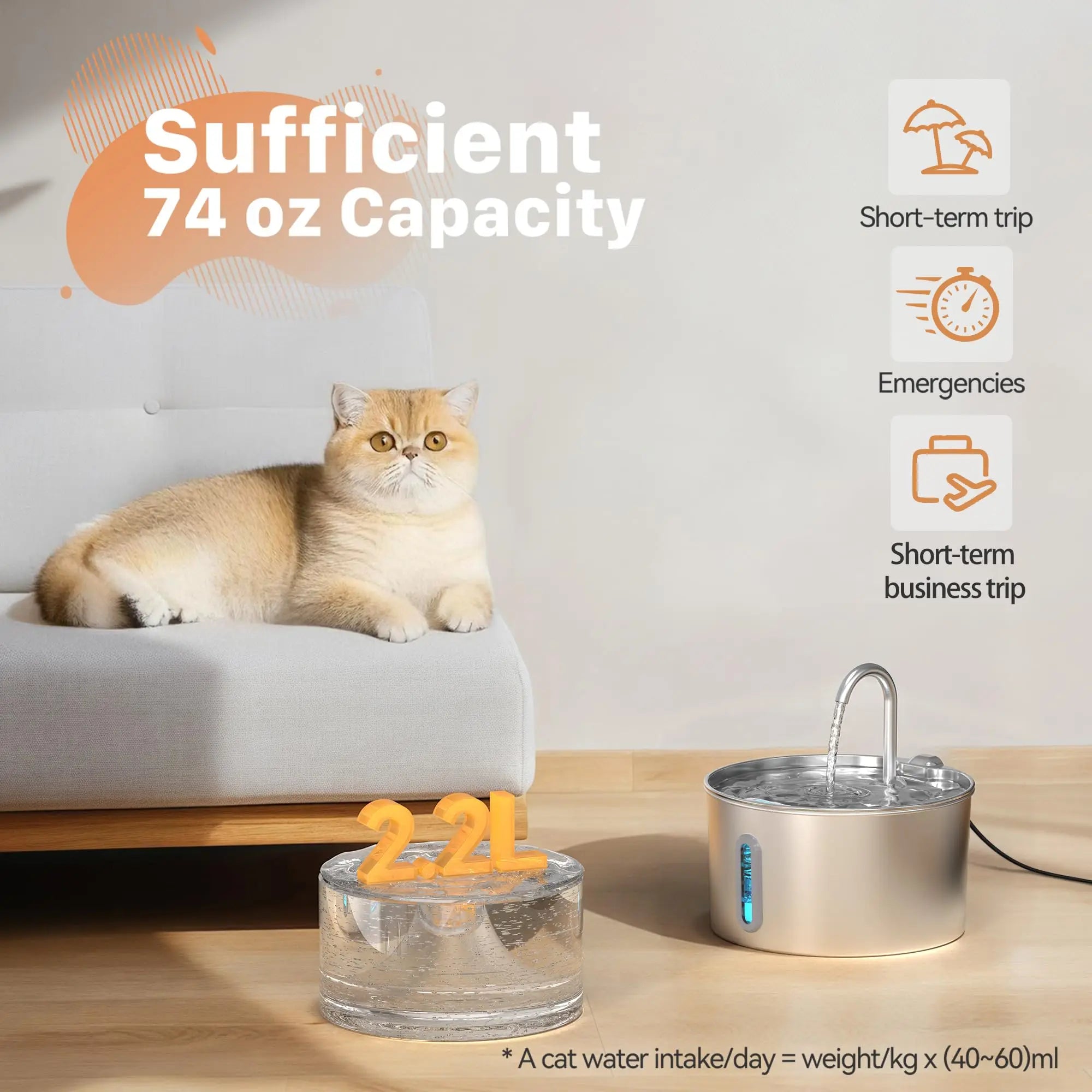 2.2L Stainless Steel Pet Water Fountain